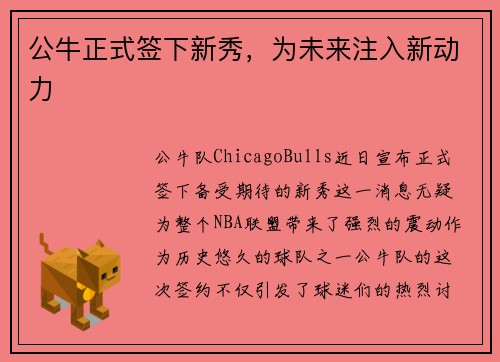 公牛正式签下新秀，为未来注入新动力