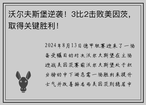 沃尔夫斯堡逆袭！3比2击败美因茨，取得关键胜利！
