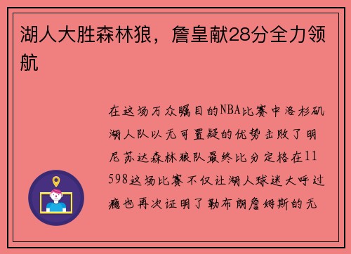 湖人大胜森林狼，詹皇献28分全力领航