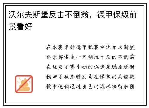 沃尔夫斯堡反击不倒翁，德甲保级前景看好