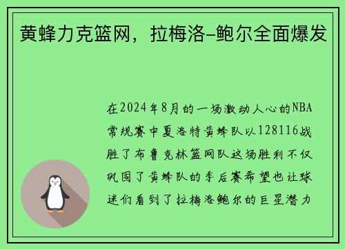 黄蜂力克篮网，拉梅洛-鲍尔全面爆发